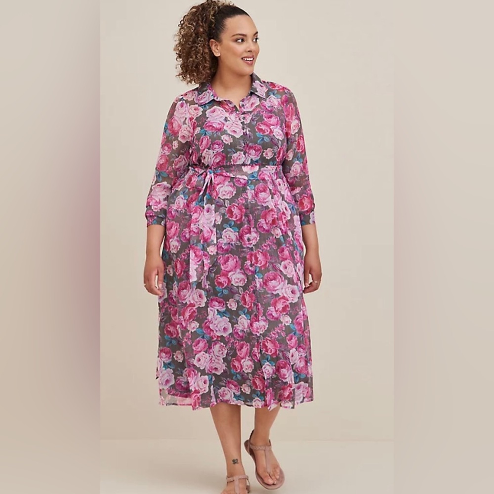 NWT TORRID Maxi Woven Shirt Dress floral pink 2, 2x plus long sleeve